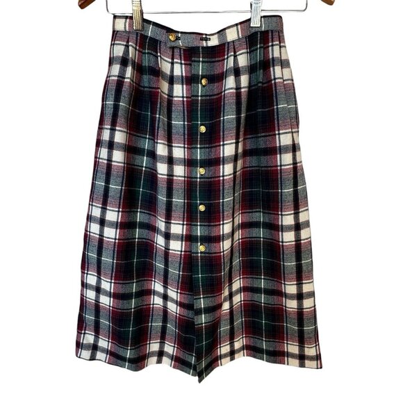 VTG JG Hook Womens Size 4 Midi Skirt Wool Tartan Plaid Brass Buttons Waist 24" - Picture 1 of 12
